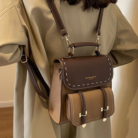 Zaino Mini Vintage da Donna a Contrasto in Pelle PU Stile Collegio Borsa a Spalla con Cuciture a Contrasto e Manico