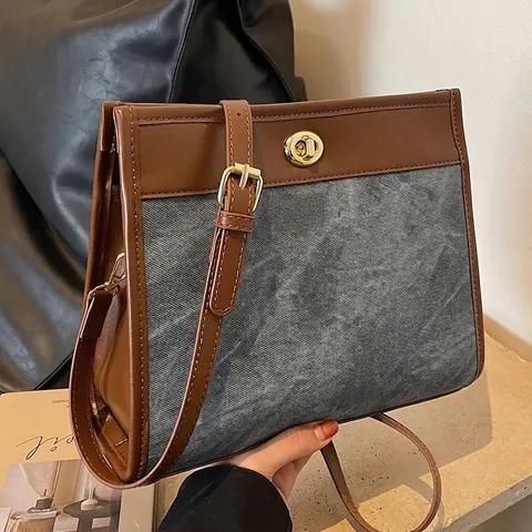Borsa Tote da Donna Grande Capacità in Pelle PU e Tela con Cuciture Retro Casual Borsa a Tracolla con Chiusura a Girello