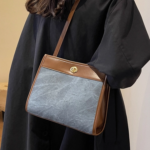 Borsa Tote da Donna Grande Capacità in Pelle PU e Tela con Cuciture Retro Casual Borsa a Tracolla con Chiusura a Girello