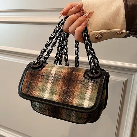 Vintage Plaid Tweed Crossbody Bag For Women Retro British Style Small Square Shoulder Bag With Metal Leather Chain Strap