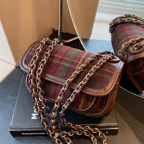 Vintage Plaid Tweed Crossbody Bag For Women Retro British Style Small Square Shoulder Bag With Metal Leather Chain Strap