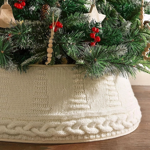 Collier de Sapin de Noël Tricoté Blanc à Torsades Jupe de Sapin Avec Clips Couverture de Base Réglable pour Décoration de Noël