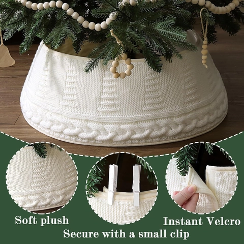 Collier de Sapin de Noël Tricoté Blanc à Torsades Jupe de Sapin Avec Clips Couverture de Base Réglable pour Décoration de Noël