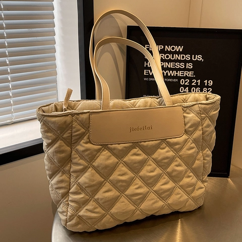 Bolso Tote Acolchado de Gran Capacidad para Mujer Costuras de Rombos Bolso de Hombro de Nylon Casual Desplazamiento Bolso de Mano Escolar Ligero