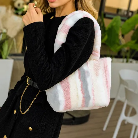 Women Fashion Plush Tote Bag Large Capacity Urban Minimalist Striped Shoulder Handbag For Fall Winter Daily Commuter Fashion