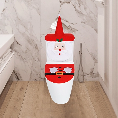 Christmas Santa Claus Toilet Seat Covers Red White Plush Fabric Bathroom Decoration Festive Holiday Ornament Home Washroom Decorative Accessories