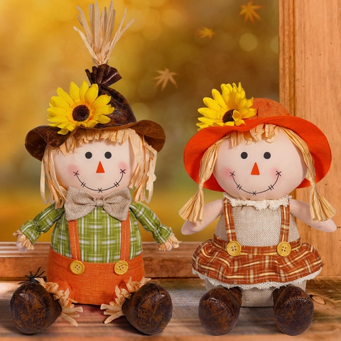 Adorno Muñeco Espantapájaros Otoño Acción Gracias Con Girasol Tela Cuadros Decoración Fiesta Hogar Festival Cosecha Base Pesada