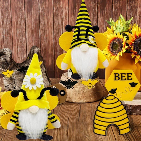 Bumblebee Gnom Plüsch Gesichtlose Puppe Mit Sonnenblume Gänseblümchen Hut Gestreiftes Design Bienenfest Dekoration Frühling Ornament