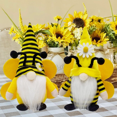 Bumblebee Gnom Plüsch Gesichtlose Puppe Mit Sonnenblume Gänseblümchen Hut Gestreiftes Design Bienenfest Dekoration Frühling Ornament
