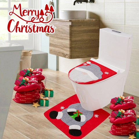 Christmas Toilet Seat Cover And Floor Mat Set Gnome Santa Pattern Bathroom Decor Holiday Decoration Lid Cover And Rug