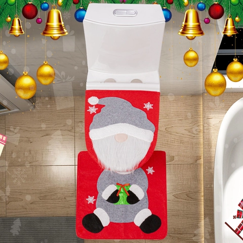 Christmas Toilet Seat Cover And Floor Mat Set Gnome Santa Pattern Bathroom Decor Holiday Decoration Lid Cover And Rug