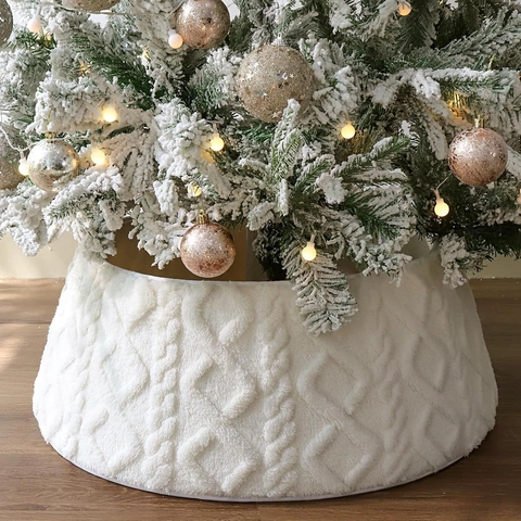 Jupe de Sapin de Noël Tricot Peluche Torsades Tapis Collier Décorations de Fête Maison Hiver Couverture Base Sapin Cadeau Ornement
