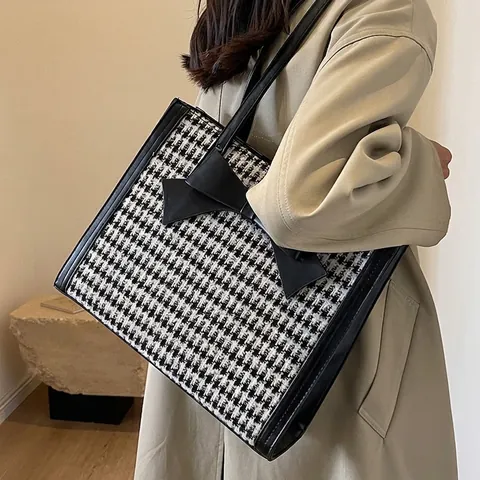Damen Hahnentritt Tragetasche Große Kapazität Schleife Dekor Schultertasche PU Leder Tweed Patchwork Pendeln Britisch Retro Handtasche