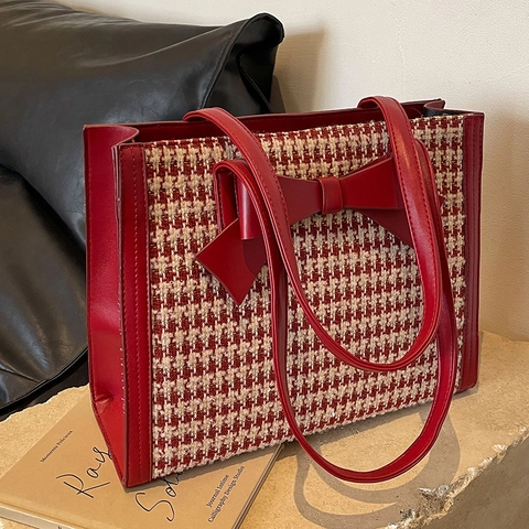Damen Hahnentritt Tragetasche Große Kapazität Schleife Dekor Schultertasche PU Leder Tweed Patchwork Pendeln Britisch Retro Handtasche