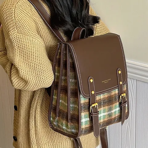 Zaino a Quadri Stile Britannico Vintage Donna Grande Capacità Pelle PU Patchwork Borsa da Scuola per Viaggio Quotidiano Zainetto