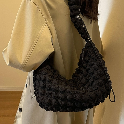 Women Large Capacity Nylon Bubble Texture Shoulder Bag Pleated Cloud Hobo Bag Casual Solid Color Zipper Tote Handbag