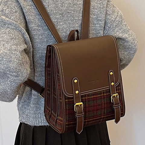 Zaino a Quadri Stile Britannico Vintage Donna Grande Capacità Pelle PU Patchwork Borsa da Scuola per Viaggio Quotidiano Zainetto