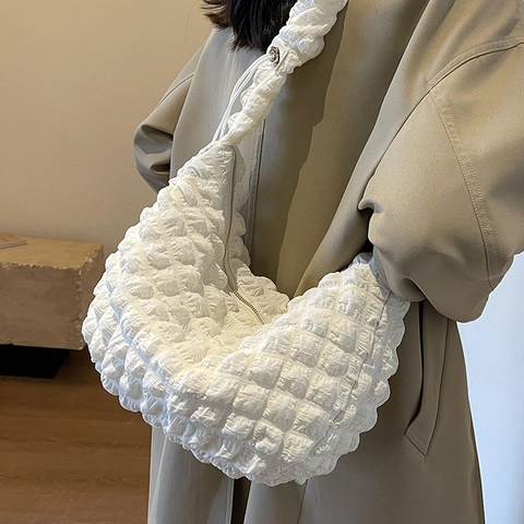 Women Large Capacity Nylon Bubble Texture Shoulder Bag Pleated Cloud Hobo Bag Casual Solid Color Zipper Tote Handbag