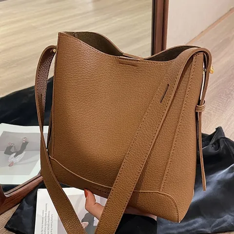 Vintage Damen PU Leder Eimertasche Minimalistische Lychee Muster Einzelschulter Umhängetasche Mit Verstellbarem Riemen