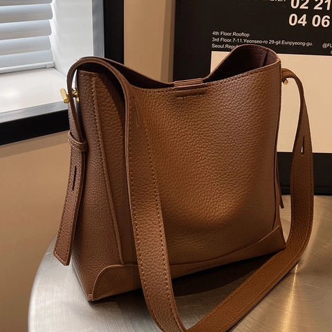 Vintage Damen PU Leder Eimertasche Minimalistische Lychee Muster Einzelschulter Umhängetasche Mit Verstellbarem Riemen