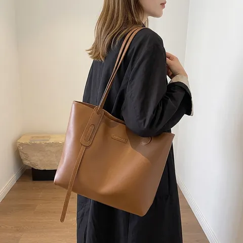 Large Capacity PU Leather Tote Bag For Women Minimalist Vintage Shoulder Handbag Versatile Commute School Shopping Solid Color