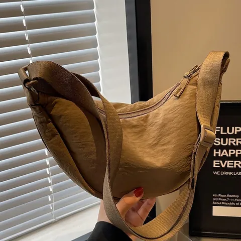 Women Korean Style Large Capacity Nylon Half Moon Crossbody Bag Solid Color Casual Shoulder Dumpling Bag For Daily Travel