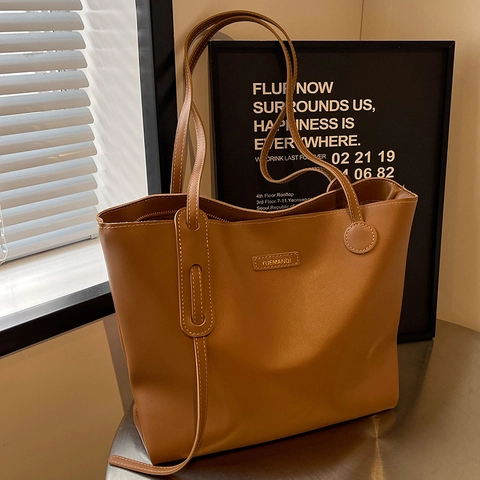 Large Capacity PU Leather Tote Bag For Women Minimalist Vintage Shoulder Handbag Versatile Commute School Shopping Solid Color
