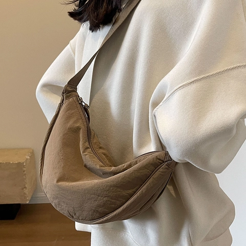Women Korean Style Large Capacity Nylon Half Moon Crossbody Bag Solid Color Casual Shoulder Dumpling Bag For Daily Travel