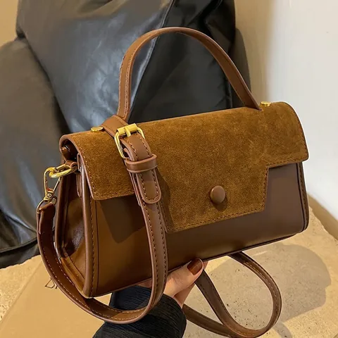 Borsa a Tracolla Vintage in Pelle PU e Camoscio Patchwork da Donna Borsa a Mano Quadrata Retro con Accessori Oro e Tracolla Regolabile