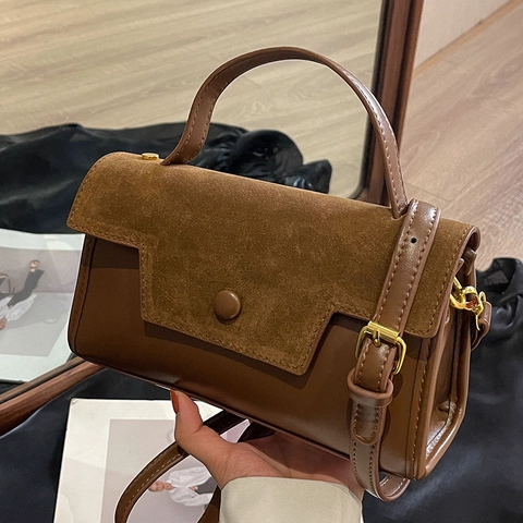 Borsa a Tracolla Vintage in Pelle PU e Camoscio Patchwork da Donna Borsa a Mano Quadrata Retro con Accessori Oro e Tracolla Regolabile