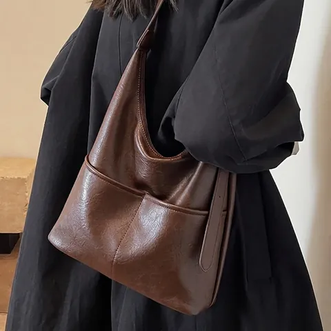 Damen Vintage PU Leder Eimertasche Große Kapazität Hobo Schultertasche Mit Passender Pouch Retro Alltagstasche Handtasche