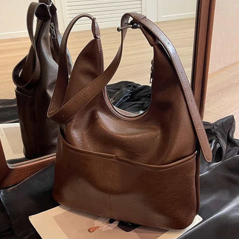 Damen Vintage PU Leder Eimertasche Große Kapazität Hobo Schultertasche Mit Passender Pouch Retro Alltagstasche Handtasche