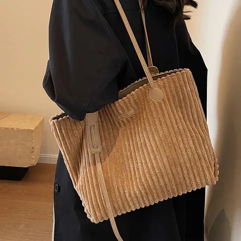 Vintage Corduroy Tote Bag Large Capacity Women Shoulder Bag Casual Street Fashion Commuting School Daily Solid Color Handbag
