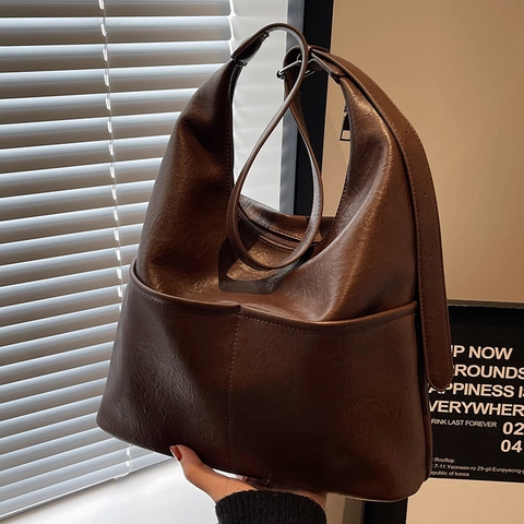 Sac Seau Vintage en Cuir PU pour Femmes Grande Capacité Sac Hobo à Épaule Avec Pochette Assortie Sac à Main Rétro