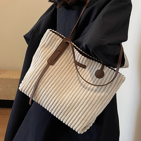 Vintage Corduroy Tote Bag Large Capacity Women Shoulder Bag Casual Street Fashion Commuting School Daily Solid Color Handbag