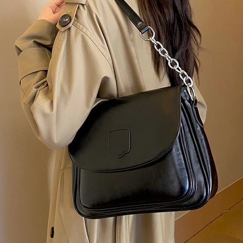 Vintage PU Leather Shoulder Bag For Women Large Capacity Flap Square Crossbody Bag With Silver Chain Strap Handbag