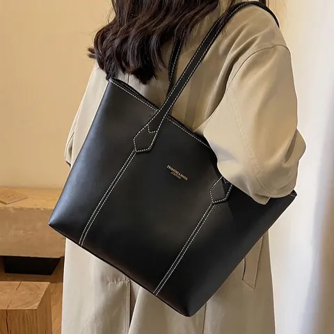 Borsa Tote da Donna in Pelle PU di Grande Capacità Con Cuciture a Contrasto Bianche Borsa a Tracolla Retro per Pendolari
