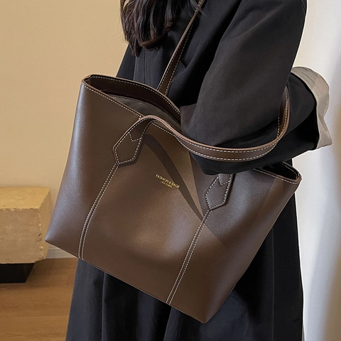 Borsa Tote da Donna in Pelle PU di Grande Capacità Con Cuciture a Contrasto Bianche Borsa a Tracolla Retro per Pendolari
