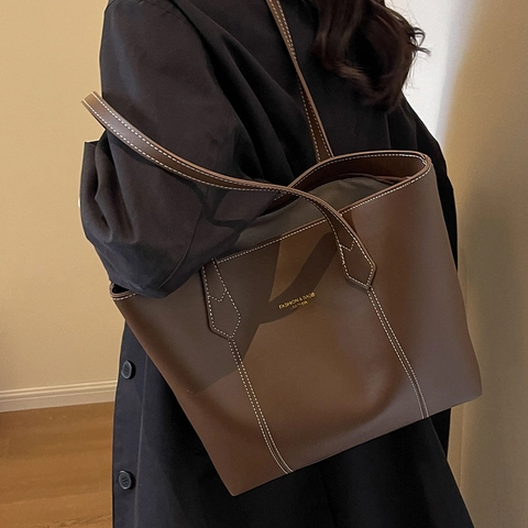 Bolso Tote de Cuero PU de Gran Capacidad para Mujer Con Costuras en Contraste Blancas Bolso de Hombro Retro para Trabajo