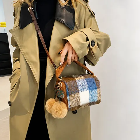 Women's Vintage Plaid Woolen Boston Bag Small Cylindrical Crossbody Handbag With Pom Pom Charms For Fall Winter Travel