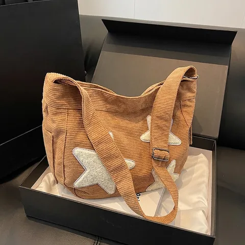 Borsa Tote in Velluto a Coste Donna Grande Capacità Vintage Patchwork di Stelle Borsa a Tracolla Casual Pendolare Borsa Scuola