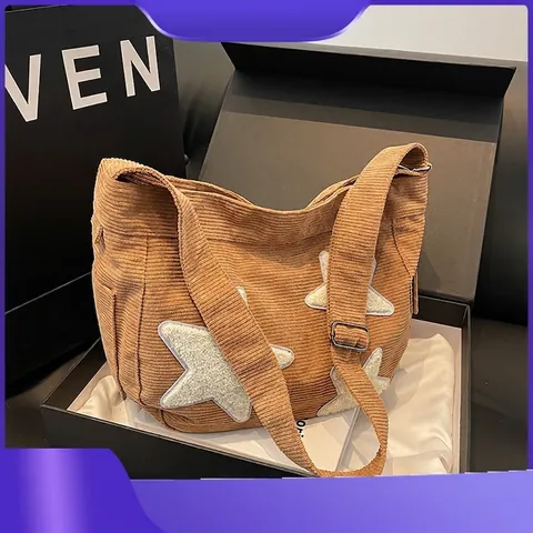 Bolso Tote de Pana de Gran Capacidad para Mujer Vintage Patchwork Estrellas Bolso de Hombro Casual Bandolera Escolar