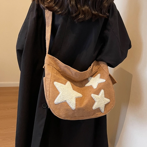 Bolso Tote de Pana de Gran Capacidad para Mujer Vintage Patchwork Estrellas Bolso de Hombro Casual Bandolera Escolar