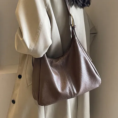 Vintage Δερμάτινη Τσάντα Tote Hobo Μεγάλης Χωρητικότητας για Γυναίκες Ρετρό Τσάντα Ώμου Με Χρυσή Αγκράφα Τσάντα