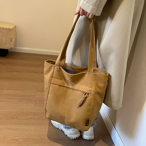 Bolso Tote de Lona de Gran Capacidad para Mujer Bolso de Hombro Casual Estilo Callejero Minimalista Color Sólido Bolso de Mano