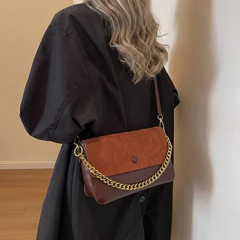 Borsa a Spalla Vintage Patchwork in PU Effetto Scamosciato per Donna Grande Capacità Catena Oro Tracolla Borsa Quadrata Retro Pendolare