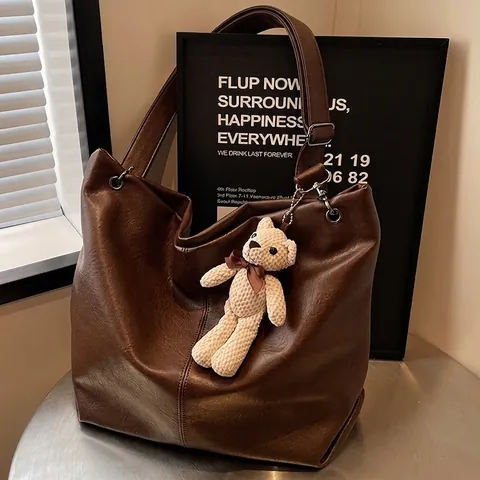 Large Capacity PU Leather Tote Bag For Women Retro Maillard Style Hobo Shoulder Bag With Crochet Bear Charm Handbag