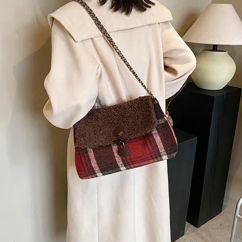Bolso Tote de Lana a Cuadros para Mujer Patchwork de Lana de Cordero Sintética Bolso de Hombro Con Cadena Cierre de Palanca Gran Capacidad Otoño Invierno Bandolera