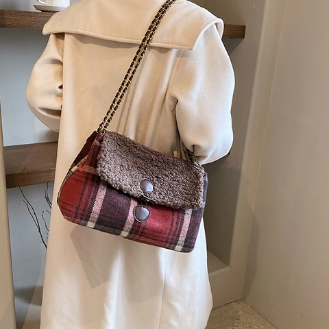 Bolso Tote de Lana a Cuadros para Mujer Patchwork de Lana de Cordero Sintética Bolso de Hombro Con Cadena Cierre de Palanca Gran Capacidad Otoño Invierno Bandolera