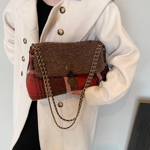Damen Karierte Einkaufstasche Aus Wolle Patchwork Lammfellimitat Umhängetasche Mit Kette Knebelverschluss Große Kapazität Herbst Winter Pendeln Crossbody Tasche